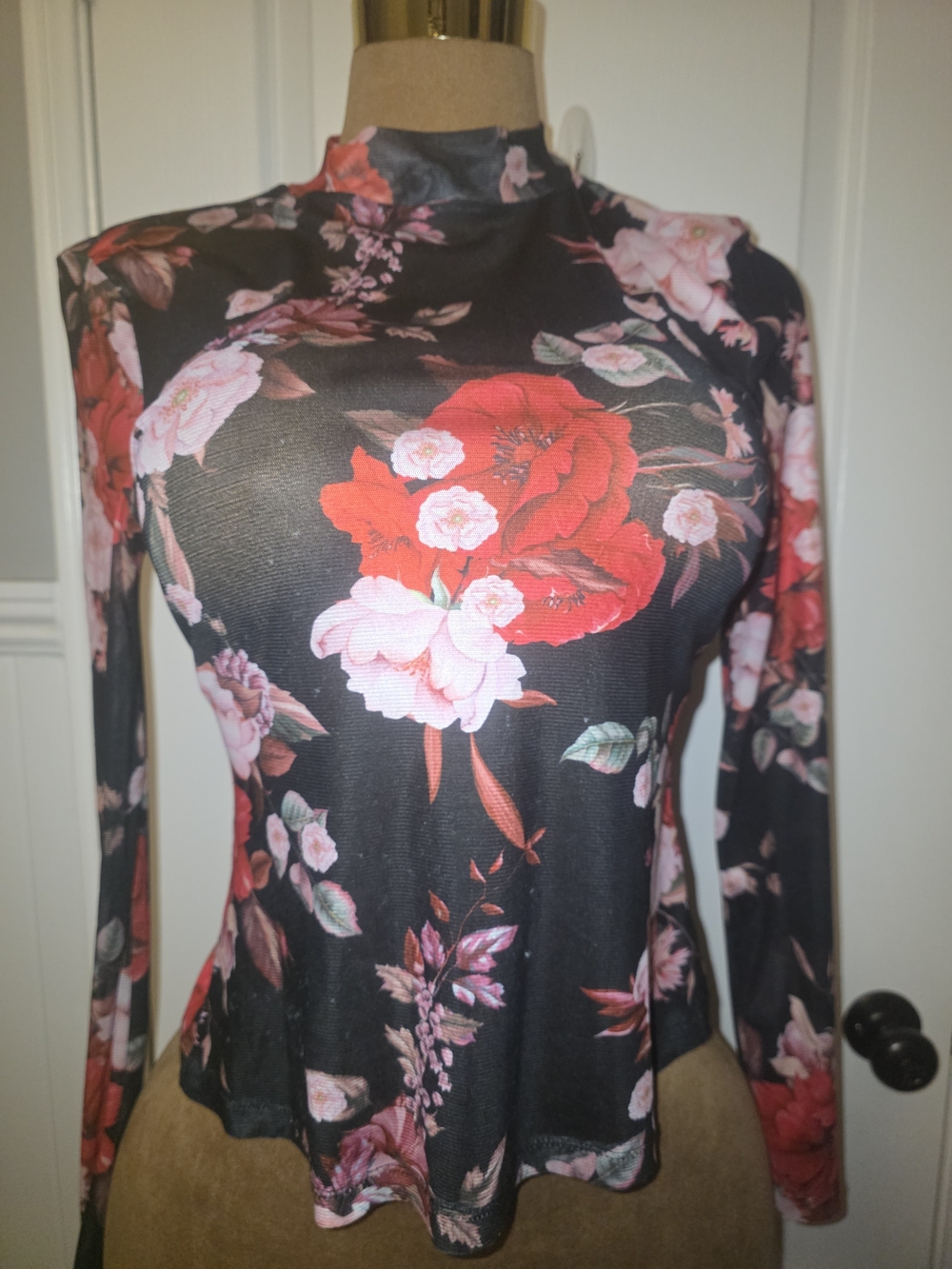 Black Long-Sleeve Mock Neck Top with Red & Pink Floral Print